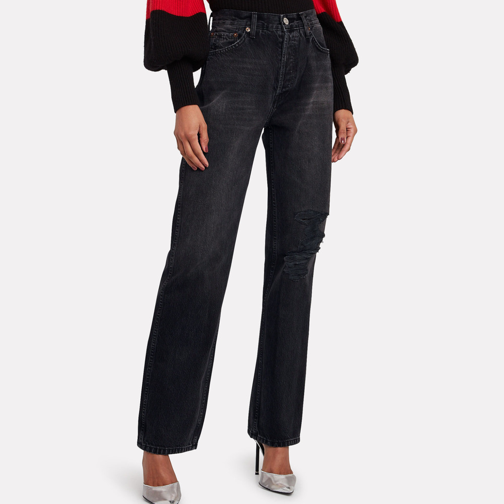 RE/DONE Women's High-Rise Loose Distressed Denim Jeans in Worn in Black sz 26